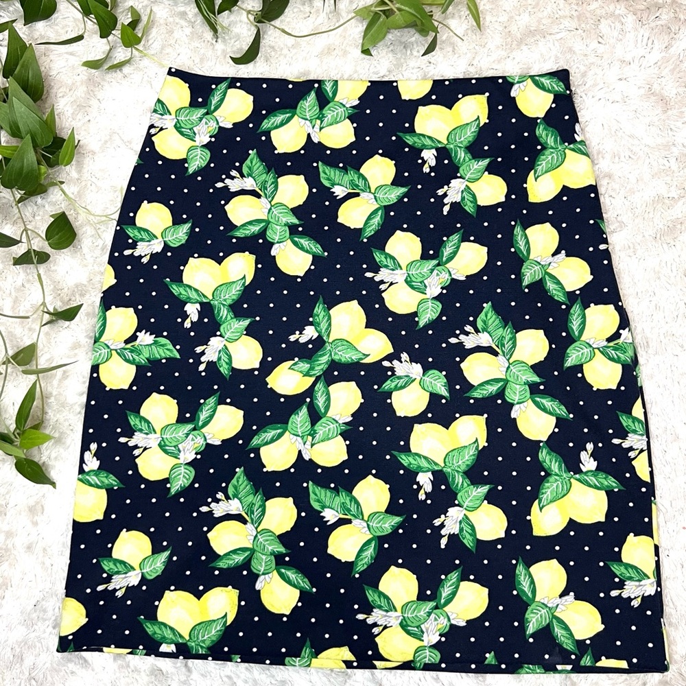 Talbots Woman Skirt Lemon Floral Polka Dot Ponte Knit Pencil Size 6